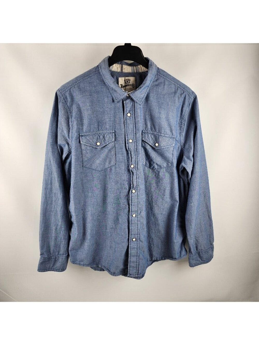 Roebuck + Co Shirt Mens XXL Blue Chambray Pearl Snap Western Button Up
